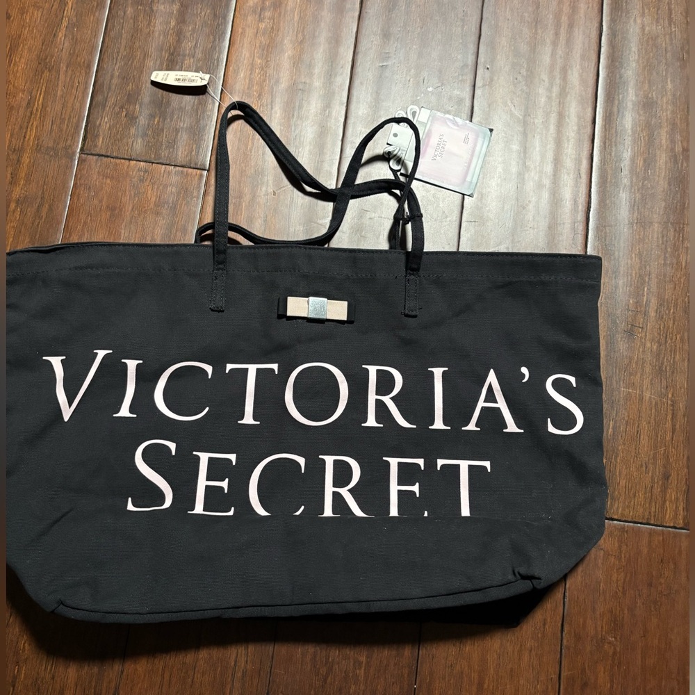 Victoria's Secret Black Canvas Logo Tote Bag Light Pink Writing VS
U